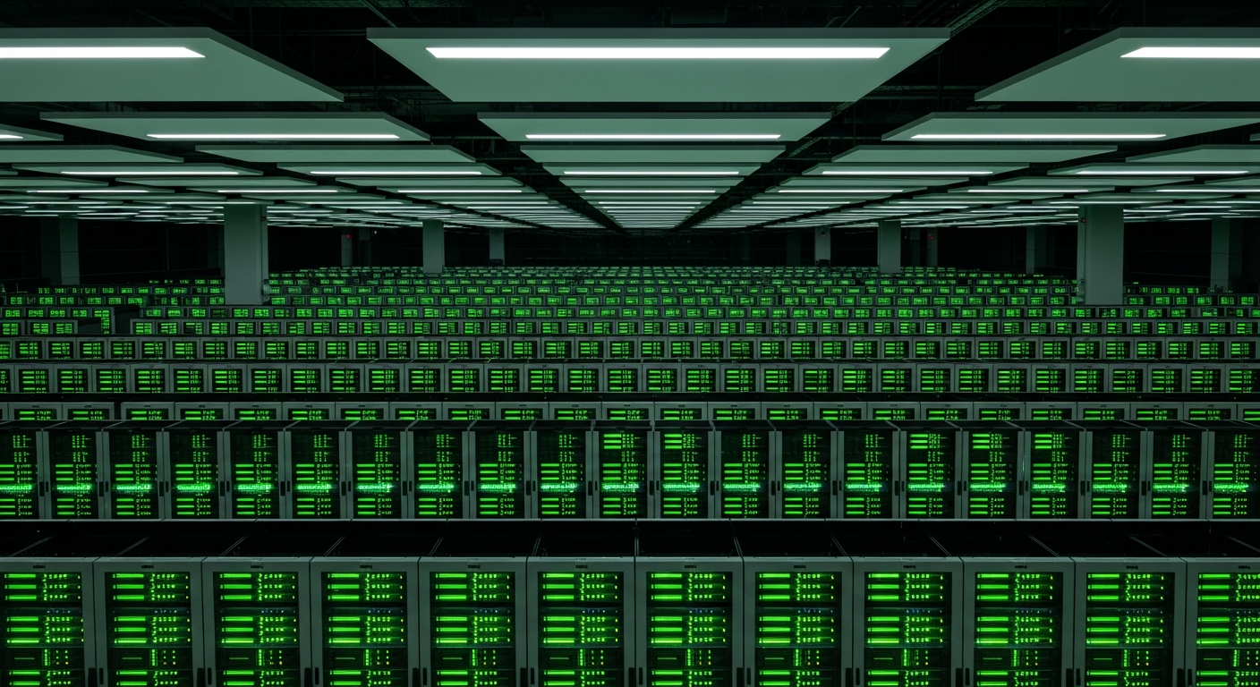 Modern enterprise data center with green-lit server infrastructure